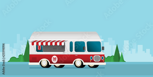 Street food truck vector illustration, food caravan. Burger van delivery. Flat icon