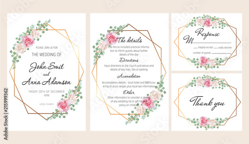 Beautiful modern geometric wedding invitation set with blush pink and white roses. This wedding invitation template set includes four templates: invitation card, rsvp card, details and thank you card.