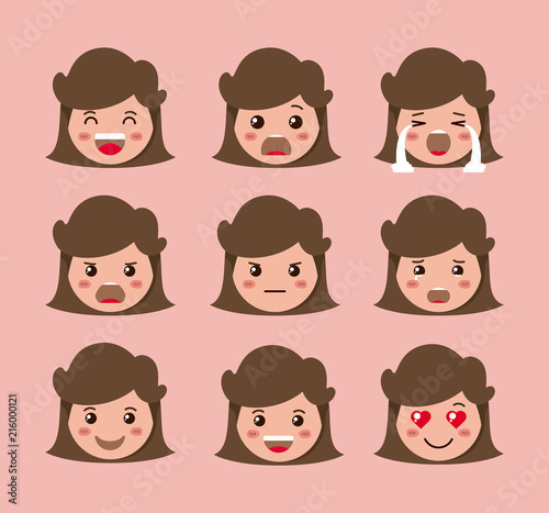 little girls emoticon set kawaii characters vector illustration design