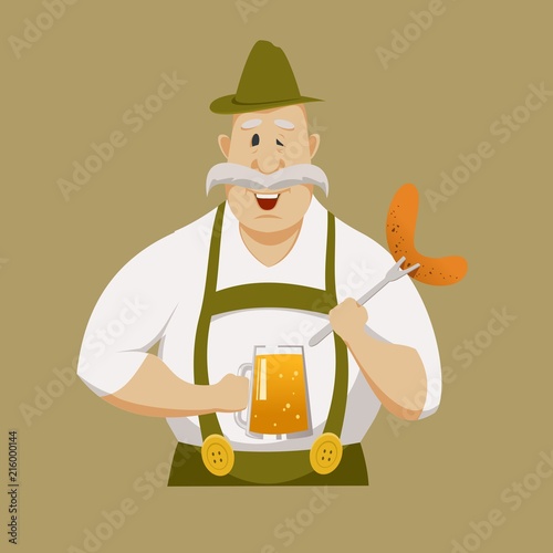 man with a mug of beer and sausage	