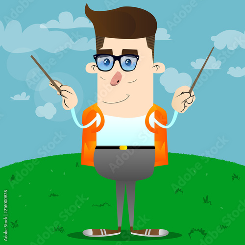 Schoolboy as an orchestra conductor. Vector cartoon character illustration.