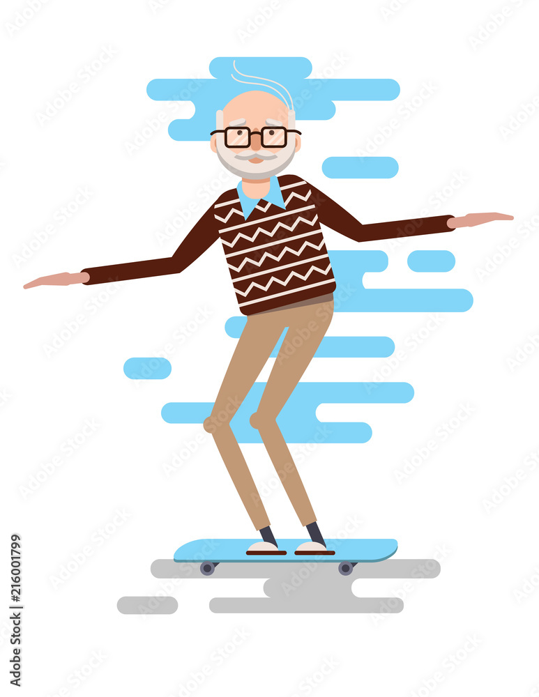 Fototapeta premium Vector colorful flat style illustration of an old man skateboarding. The pensioner is having fun. The old man leads an active sport life