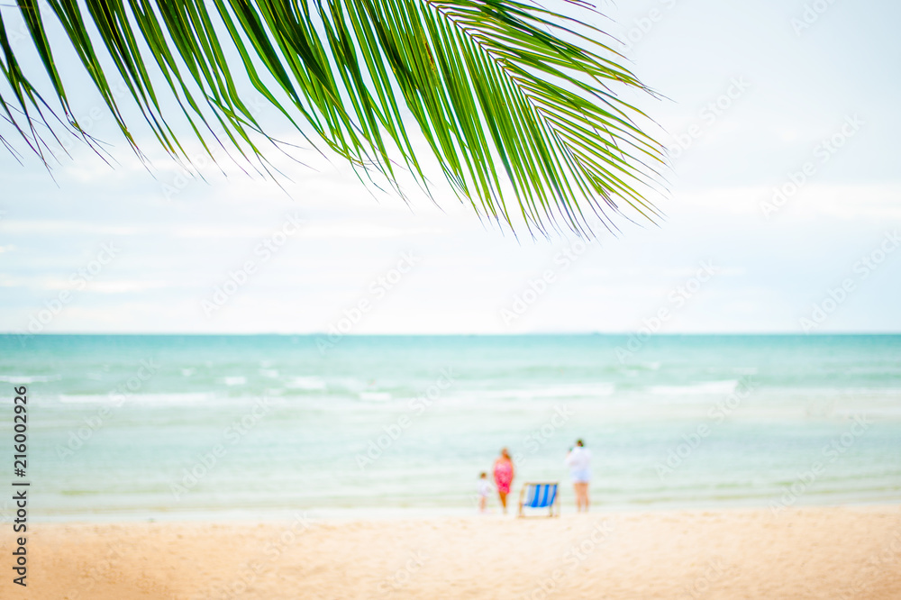 Palm in the tropical beach and family.