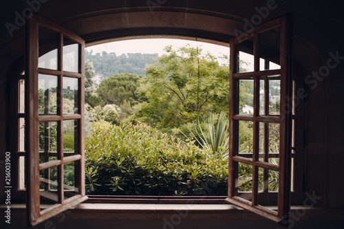 Fotografie Opened old window and beautiful garden.