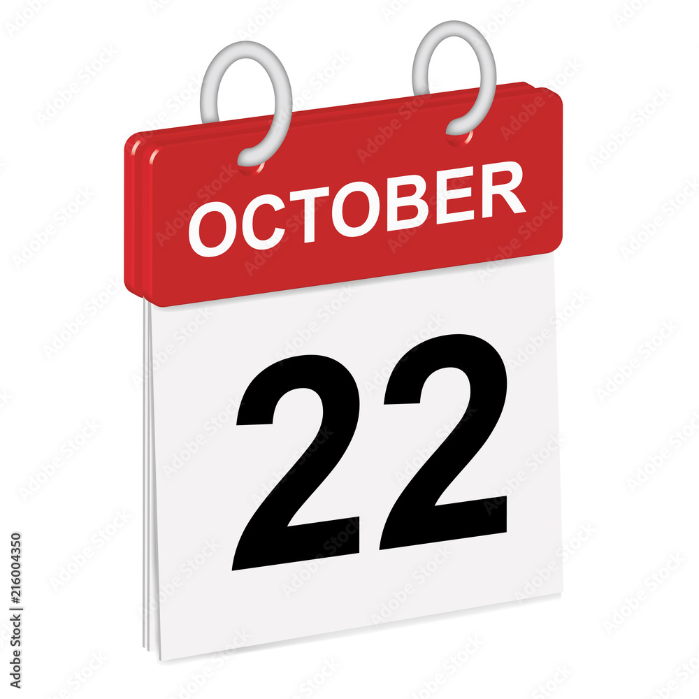 Daily single-leaf calendar, red spine, 3d, month of October,twenty-second day,22nd Daily single-leaf calendar, red spine, 3d, month of October,twenty-second day,22nd