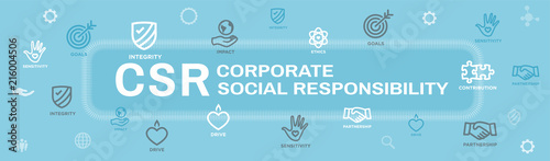 CSR-Social Responsibility Web Banner Icon Set and Web Header Banner w Honesty, integrity, collaboration, etc.