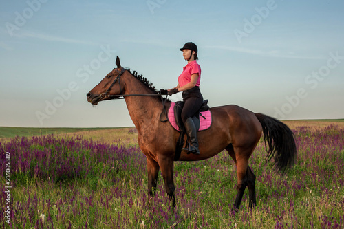 Horsewoman jockey in uniform riding horse outdoors