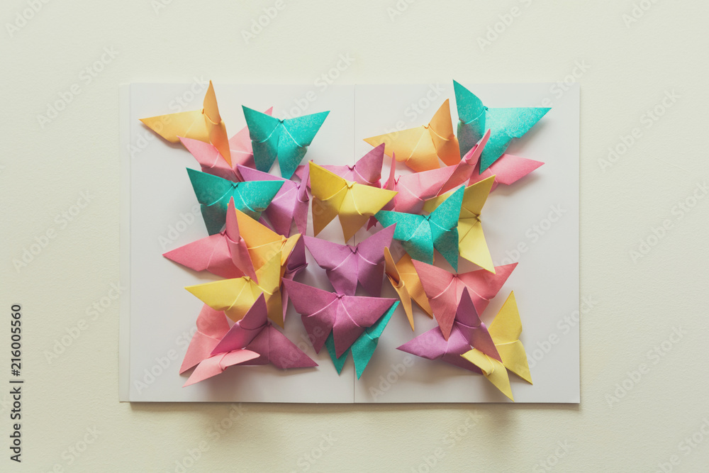 Mental health concept. Colorful paper butterflies sitting on book in shape of butterfly. Harmony emotion. Origami. Paper cut style. Toned