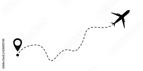 Airplane line vector icon of air plane flight route with start point and line trace