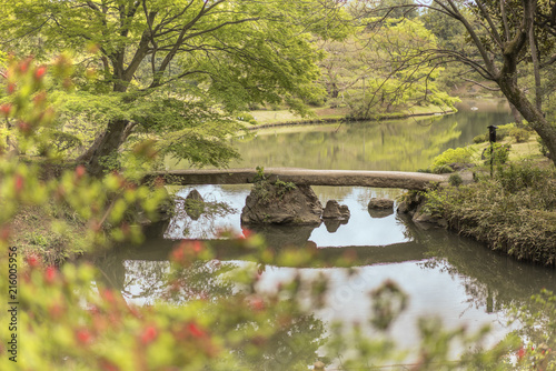 japanese stone bridge and flower bokeh on the pond of Rikugien Park in Bunkyo district, north of Tokyo. photo
