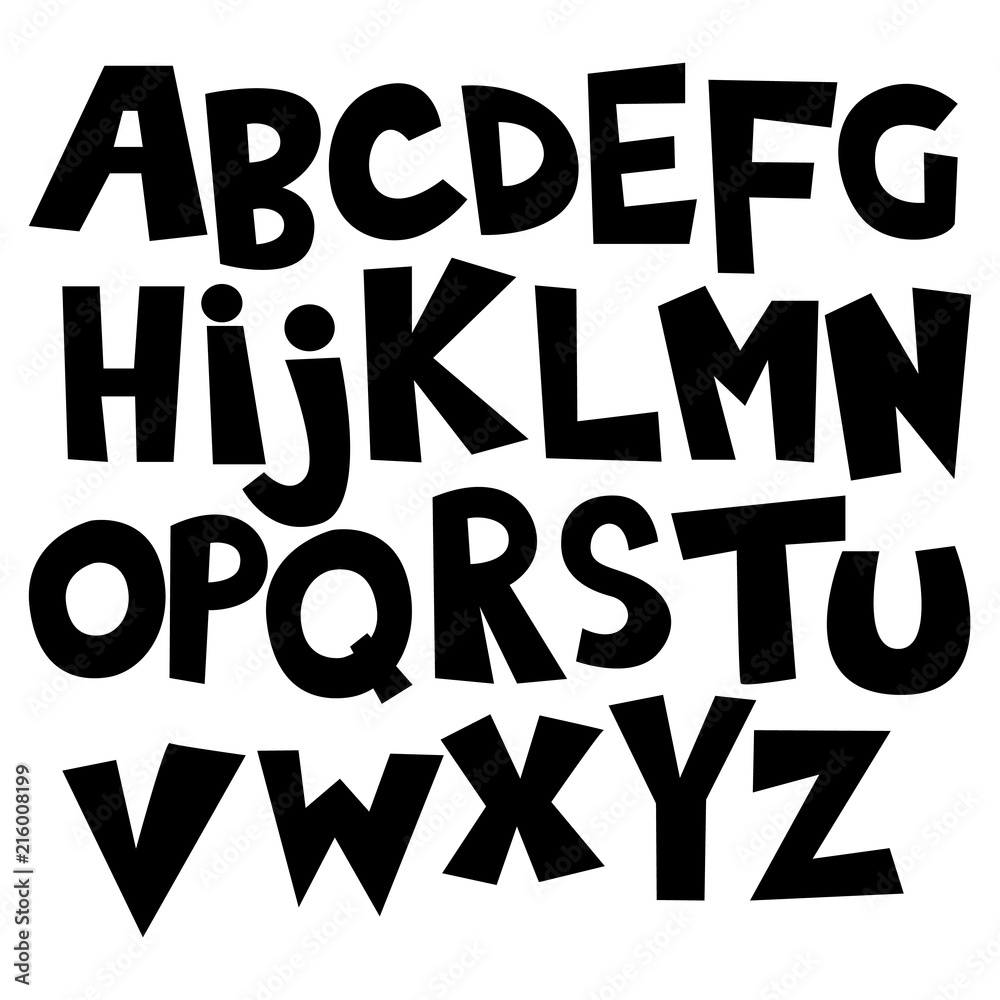 Black cartoon comic graffiti doodle font, alphabet. Vector illustration