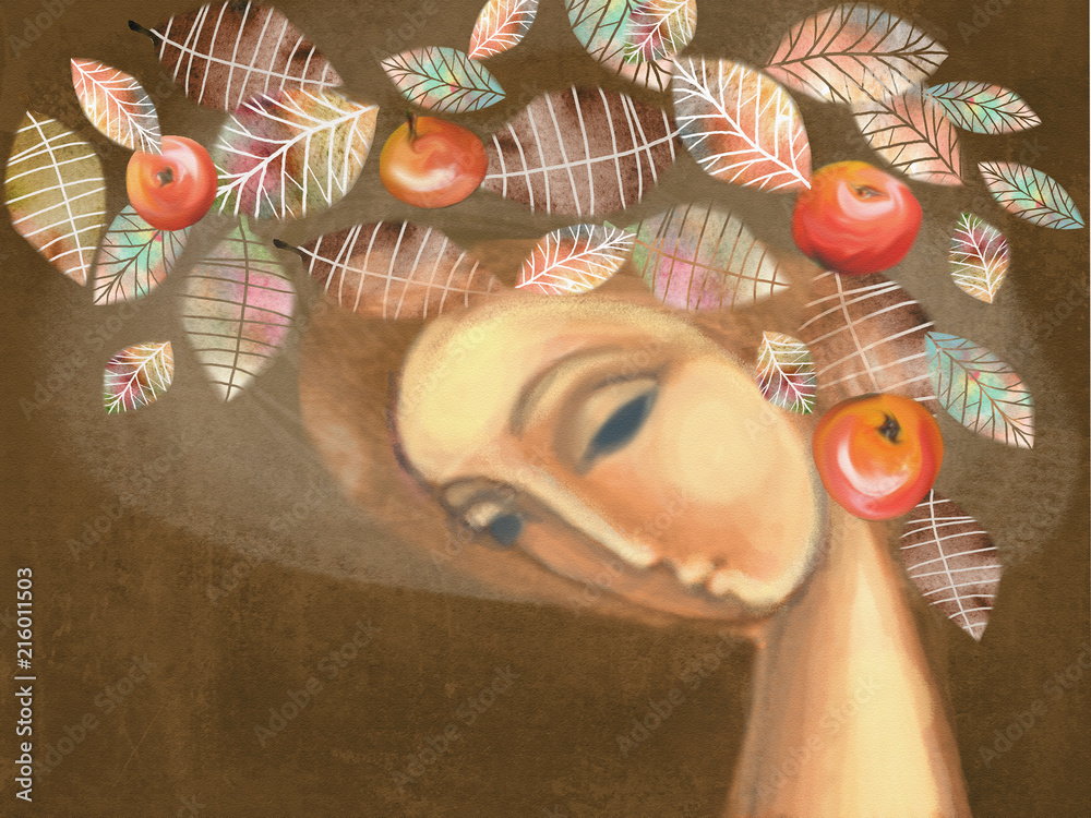 Autumn girl with wreath of leaves and red apples.