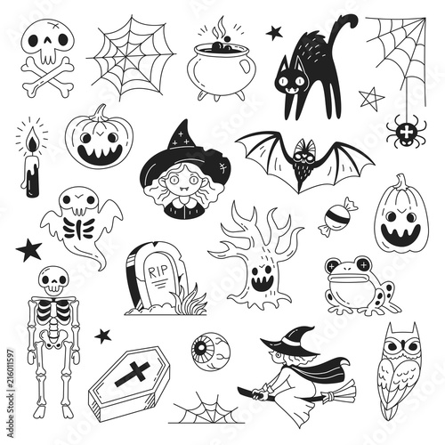 Halloween doodle collection. Vector illustration of funny black and white icons such as skeleton, grave, skull, pumpkin, owl, toad, cat, ghost and a witch isolated on white.