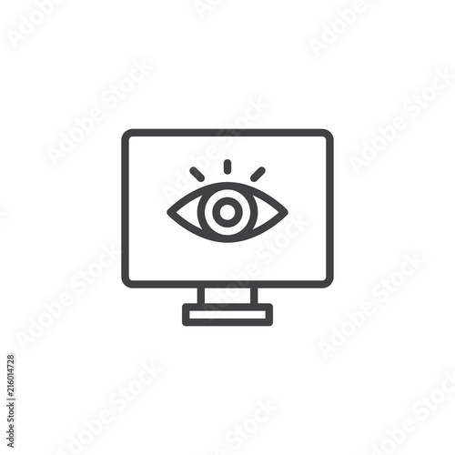 Computer monitoring outline icon. linear style sign for mobile concept and web design. Screen and eye simple line vector icon. Symbol, logo illustration. Pixel perfect vector graphics