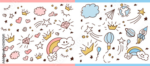 Set of doodle seamless pattern. Vector background for little prince and princess. Cute girlish and boyish crown hand drawn illustration. Trendy baby fabric, kid wallpaper. Space?magic, stars and dream