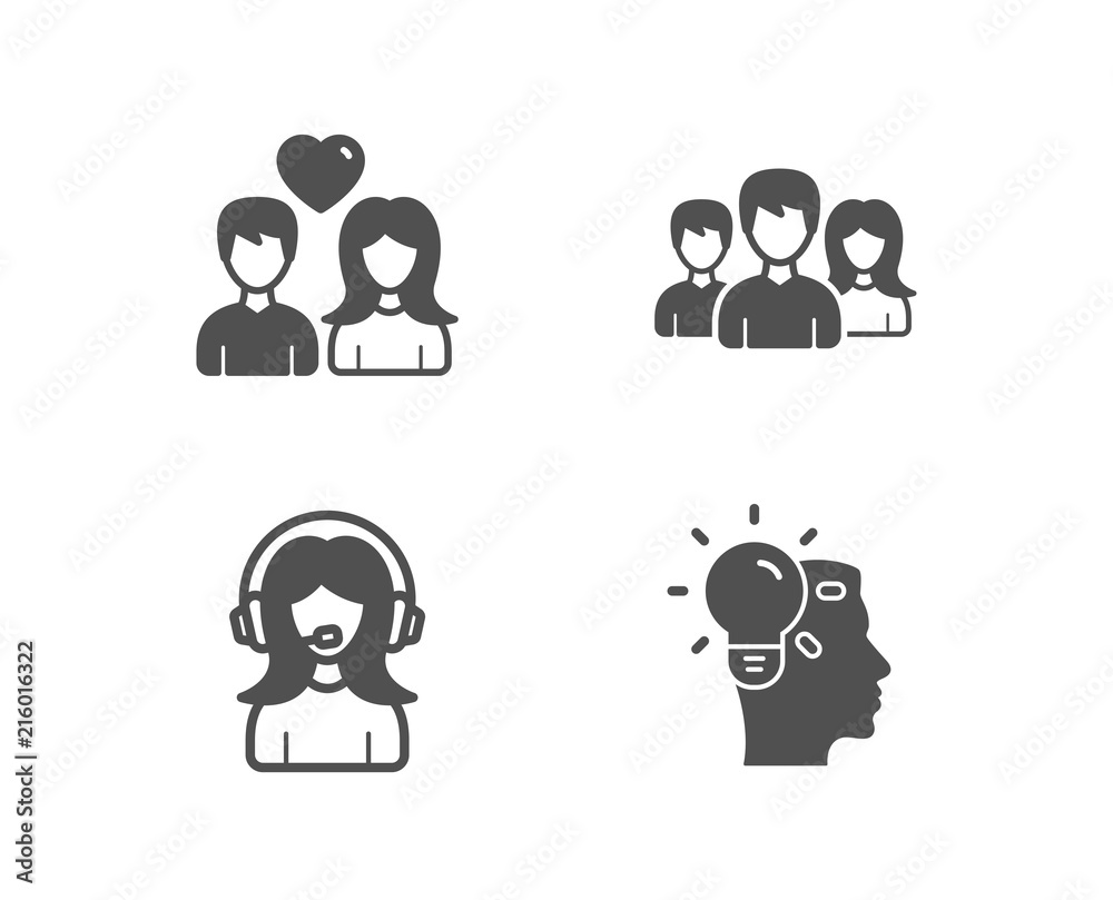 Set of Support, Couple love and Teamwork icons. Idea sign. Call center, People in love, Group of users. Professional job. Quality design elements. Classic style. Vector Set of Support, Couple love and Teamwork icons. Idea sign. Call center, People in love, Group of users. Professional job. Quality design elements. Classic style. Vector