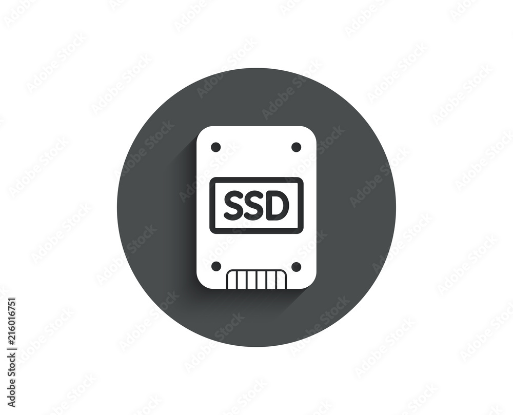 SSD icon. Solid-state drive sign. Storage disk symbol. Circle flat button with shadow. Vector SSD icon. Solid-state drive sign. Storage disk symbol. Circle flat button with shadow. Vector