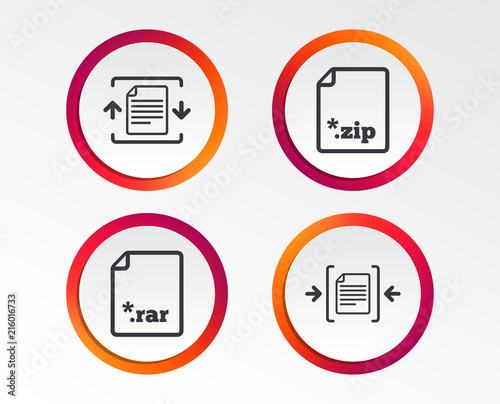 Archive file icons. Compressed zipped document signs. Data compression symbols. Infographic design buttons. Circle templates. Vector