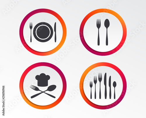 Plate dish with forks and knifes icons. Chief hat sign. Crosswise cutlery symbol. Dessert fork. Infographic design buttons. Circle templates. Vector