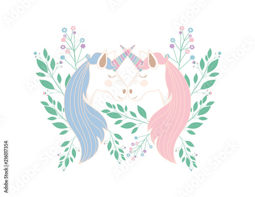 cute unicorns kissing with flowers characters vector illustration design