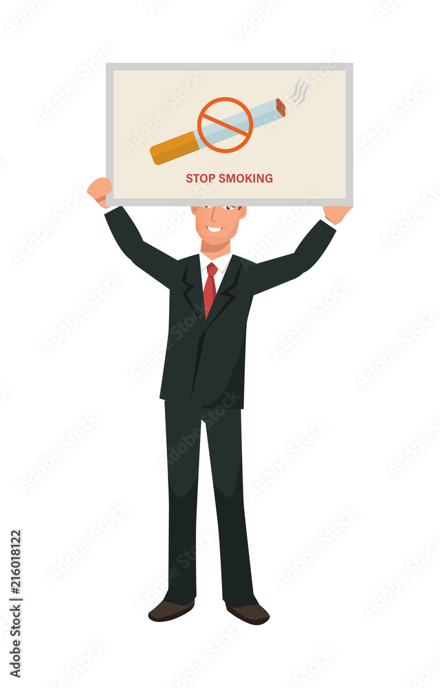 Man in business suit holding poster with inscription No Smoking. Man in business suit holding poster with inscription No Smoking.