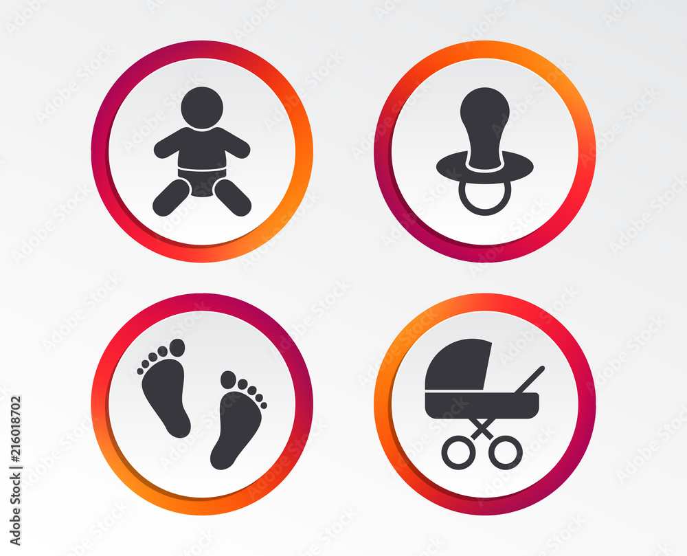 Baby infants icons. Toddler boy with diapers symbol. Buggy and dummy signs. Child pacifier and pram stroller. Child footprint step sign. Infographic design buttons. Circle templates. Vector Baby infants icons. Toddler boy with diapers symbol. Buggy and dummy signs. Child pacifier and pram stroller. Child footprint step sign. Infographic design buttons. Circle templates. Vector