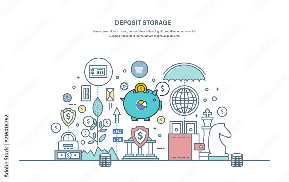 Deposit storage. Saving, protection of finance, cash money, investments, currency. Deposit storage. Saving, protection of finance, cash money, investments, currency.