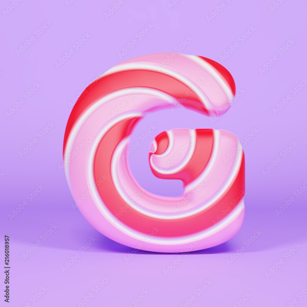 Alphabet letter G uppercase. Christmas font made of pink and red striped lollipop. 3D render on pink background. Alphabet letter G uppercase. Christmas font made of pink and red striped lollipop. 3D render on pink background.