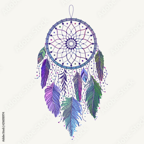 Hand drawn dreamcatcher with colored feathers