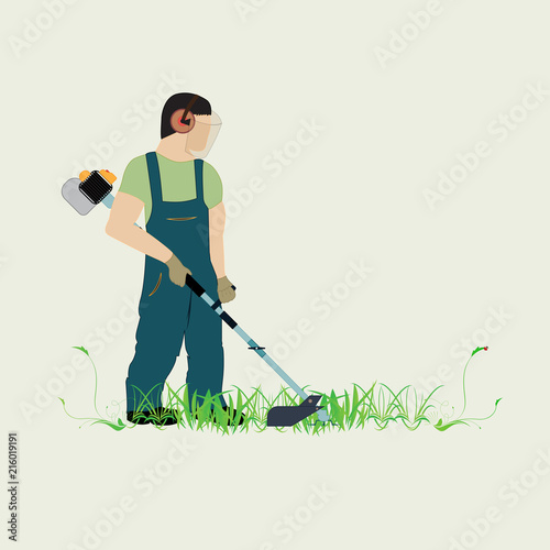 Man and lawn mower