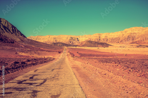 Road in a desert among mountains. The road to Timna Park near Eilat, Israel