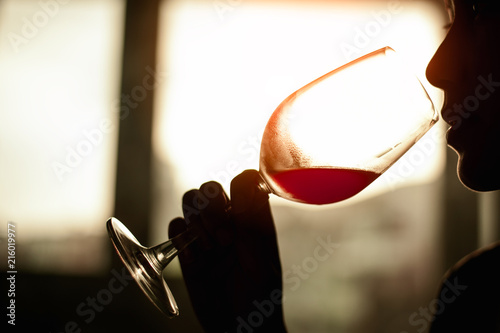Silhouette Beautiful Young Woman Drinking Wine