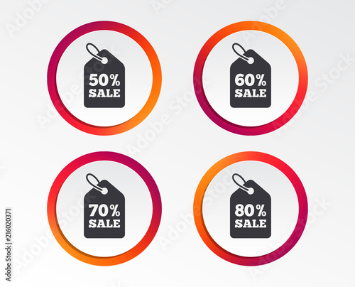 Sale price tag icons. Discount special offer symbols. 50%, 60%, 70% and 80% percent sale signs. Infographic design buttons. Circle templates. Vector