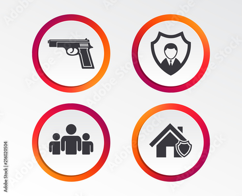 Security agency icons. Home shield protection symbols. Gun weapon sign. Group of people or Share. Infographic design buttons. Circle templates. Vector