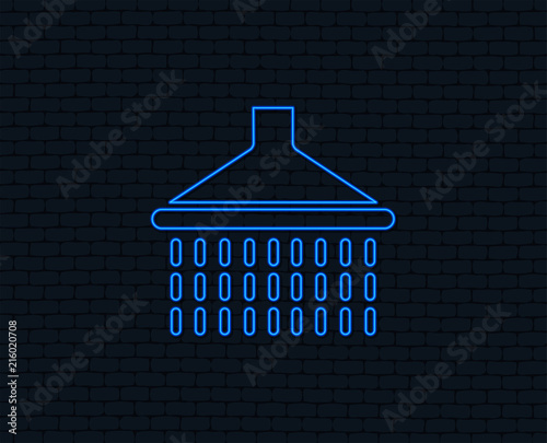 Neon light. Shower sign icon. Douche with water drops symbol. Glowing graphic design. Brick wall. Vector