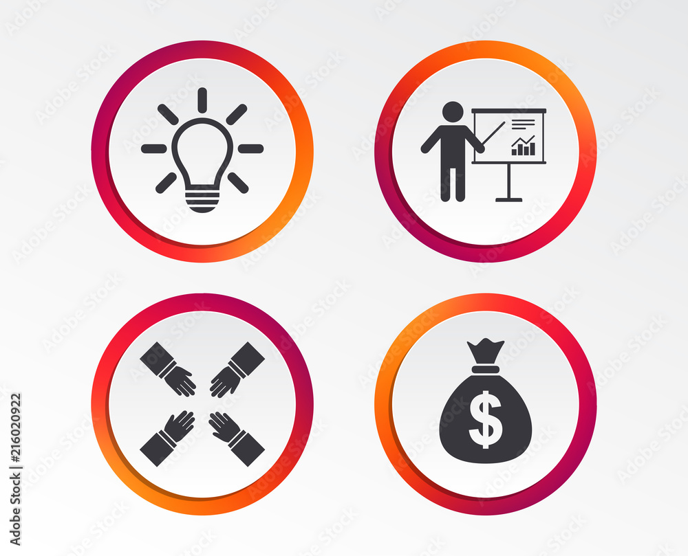Presentation billboard icon. Dollar cash money and lamp idea signs. Man standing with pointer. Teamwork symbol. Infographic design buttons. Circle templates. Vector Presentation billboard icon. Dollar cash money and lamp idea signs. Man standing with pointer. Teamwork symbol. Infographic design buttons. Circle templates. Vector