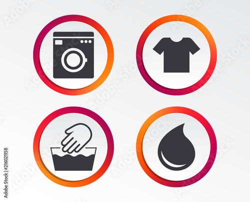 Wash machine icon. Hand wash. T-shirt clothes symbol. Laundry washhouse and water drop signs. Not machine washable. Infographic design buttons. Circle templates. Vector