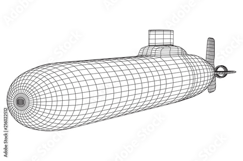 Military atomic submarine underwater boat. Wireframe low poly mesh vector illustration