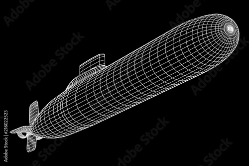 Military atomic submarine underwater boat. Wireframe low poly mesh vector illustration