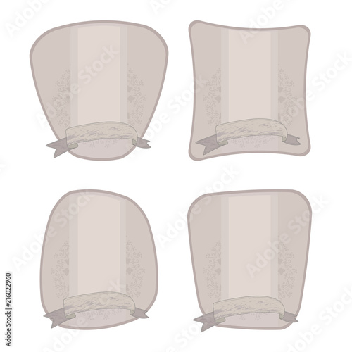 Vector labels labels gray light with pattern and light stripe in the middle objects isolated on white background retro potties of different shapes set.