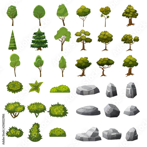 A set of stones, trees and bushes of landscape elements for the design of the garden, park, games and applications. Vector Graphics, cartoon style, isolated
