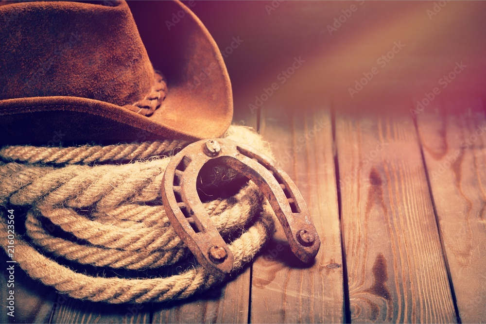 Fototapeta Metalowa podkowa i kowbojski kapelusz