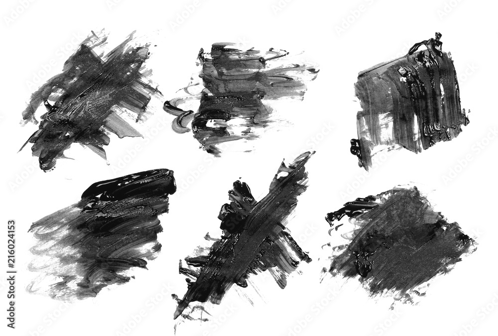 Black grunge brush strokes, oil paint set, collection isolated on white background