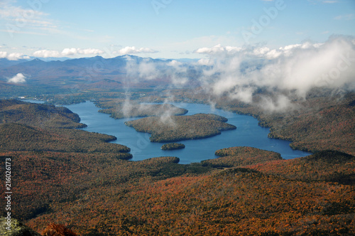 Lake Placid view from top of Whiteface Mountain in fall  Adirondack Mountains  New York State  USA
