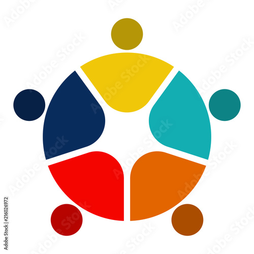 five people in a circle holding hands.The summit workers are meeting in the same power room.