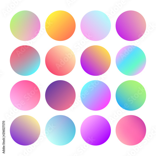 Rounded holographic gradient sphere button. Multicolor green purple yellow orange pink cyan fluid circle gradients  colorful soft round buttons or vivid color spheres flat vector set