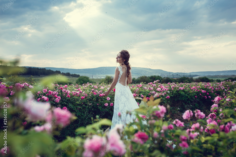 Beautiful woman in a floral park, garden roses. Makeup, hair, a wreath of roses. Beautiful woman in a floral park, garden roses. Makeup, hair, a wreath of roses.