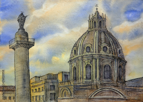 Watercolor of the Trajan's Column (Colonna Traiana) in Rome, italy photo