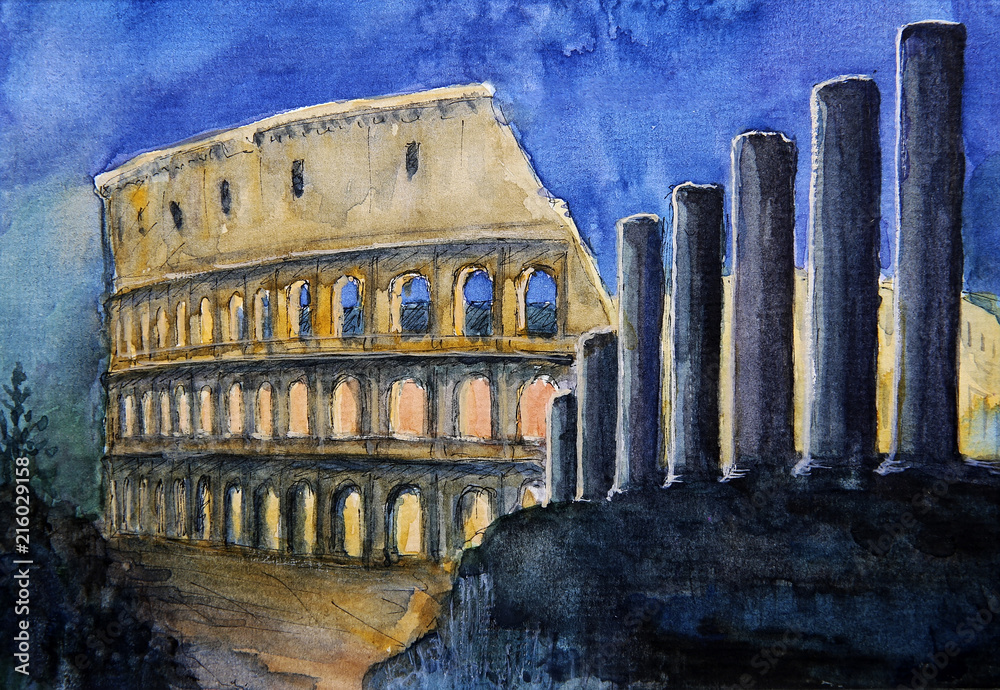 Fototapeta premium Roman cityscape of the Colosseum painted by watercolor