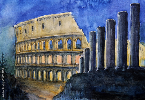 Roman cityscape of the Colosseum painted by watercolor